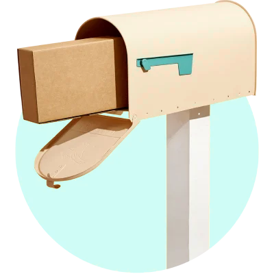 Beige mailbox with a package inside, door open, against a light blue background.
