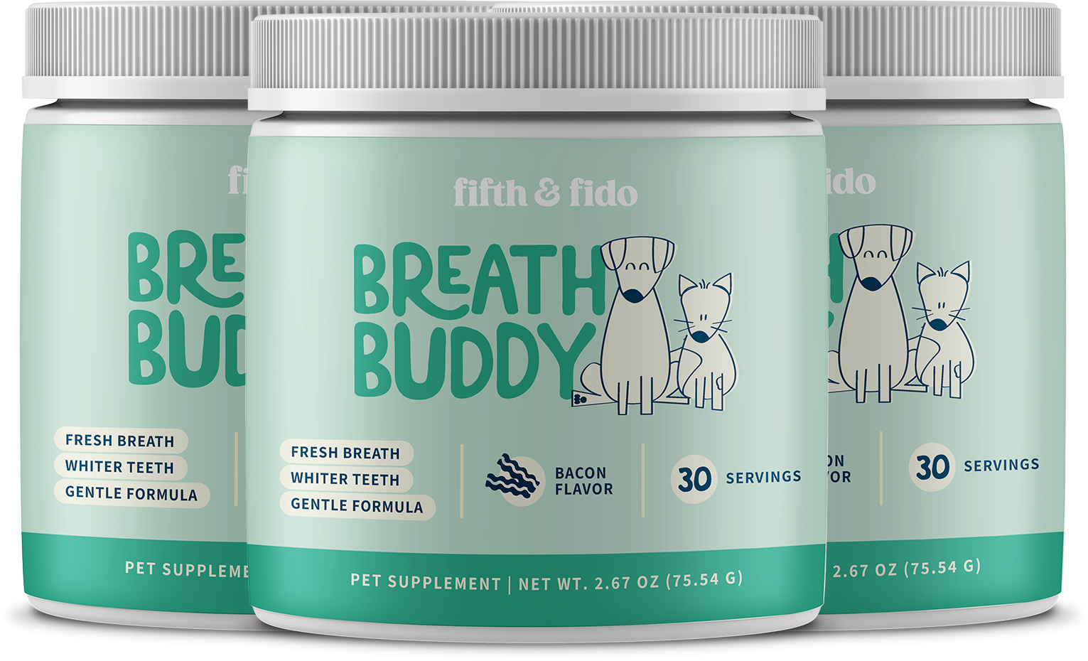 Three containers of pet supplements labeled 'Breath Buddy' featuring illustrations of a dog and cat.