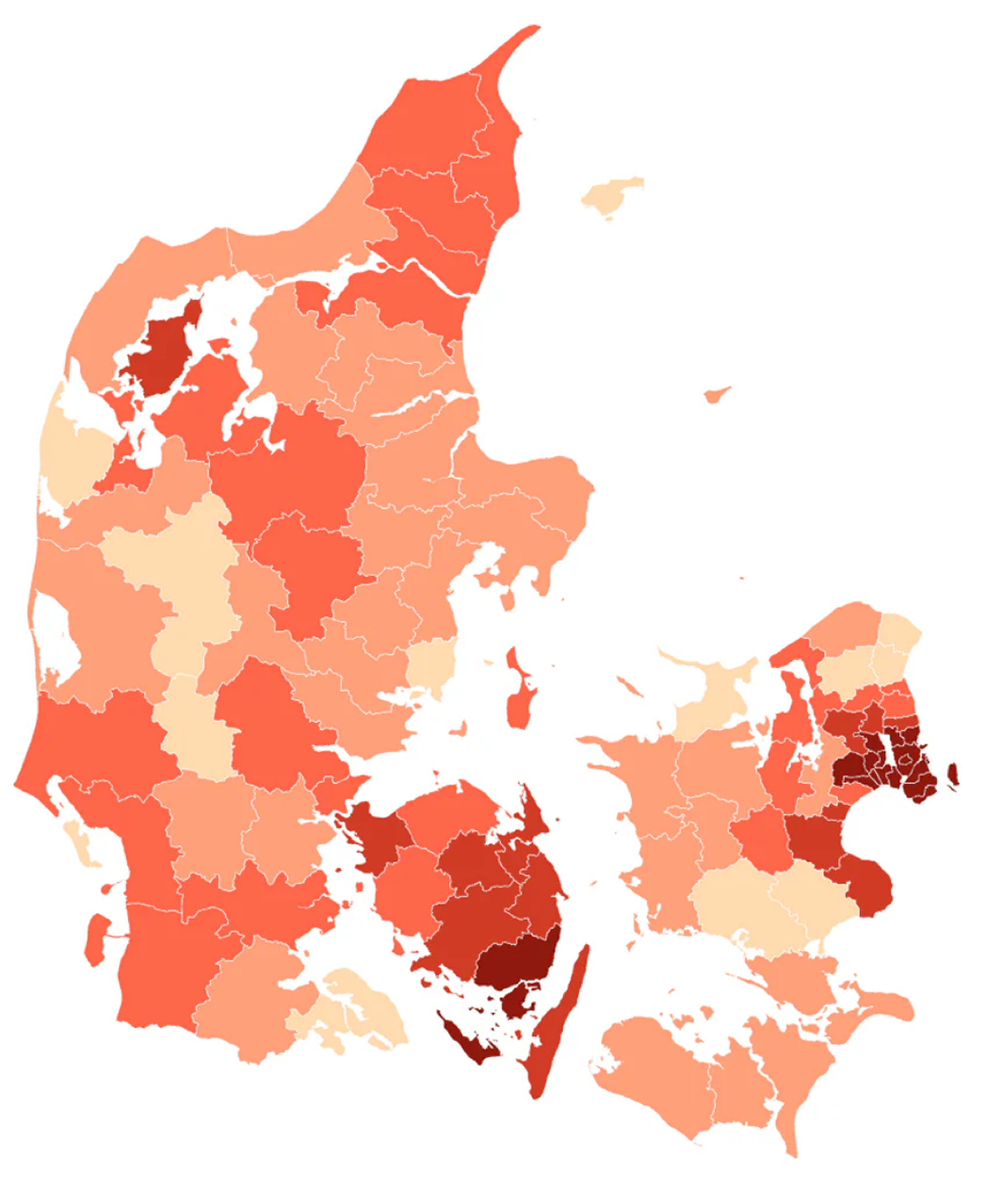 Map of Denmark with regions in varying shades of red.