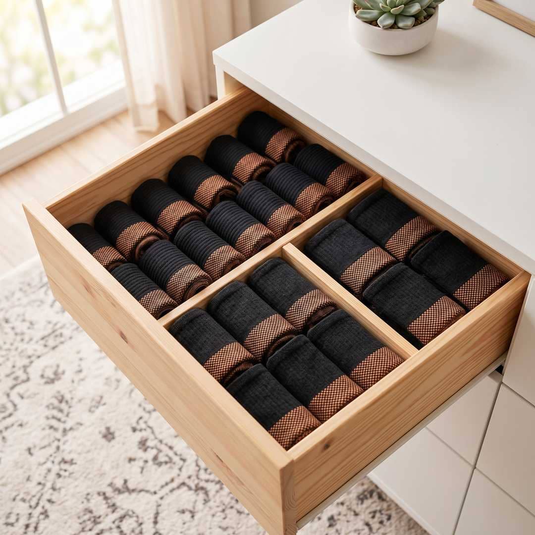 An open wooden drawer with neatly rolled and organized black and brown socks in compartments.