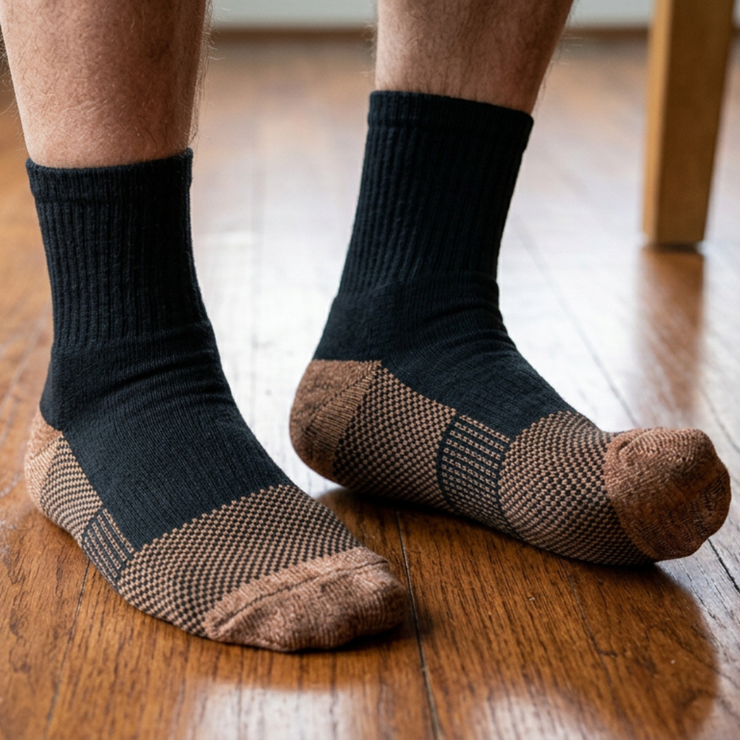 A person's feet on a hardwood floor wearing black socks with brown checkered heels and toes.