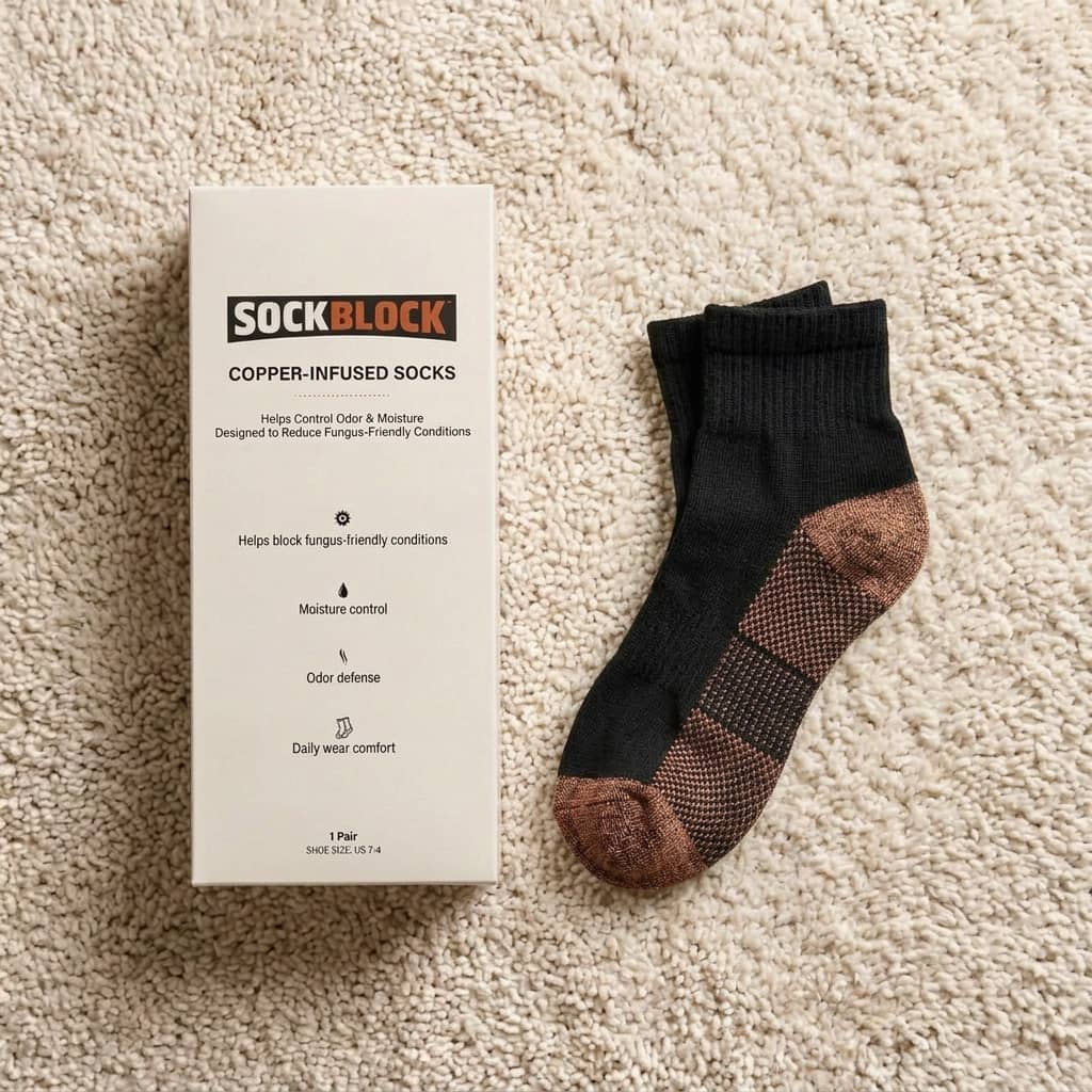A pair of black and copper-colored Sock Block socks next to their packaging on a beige carpet.