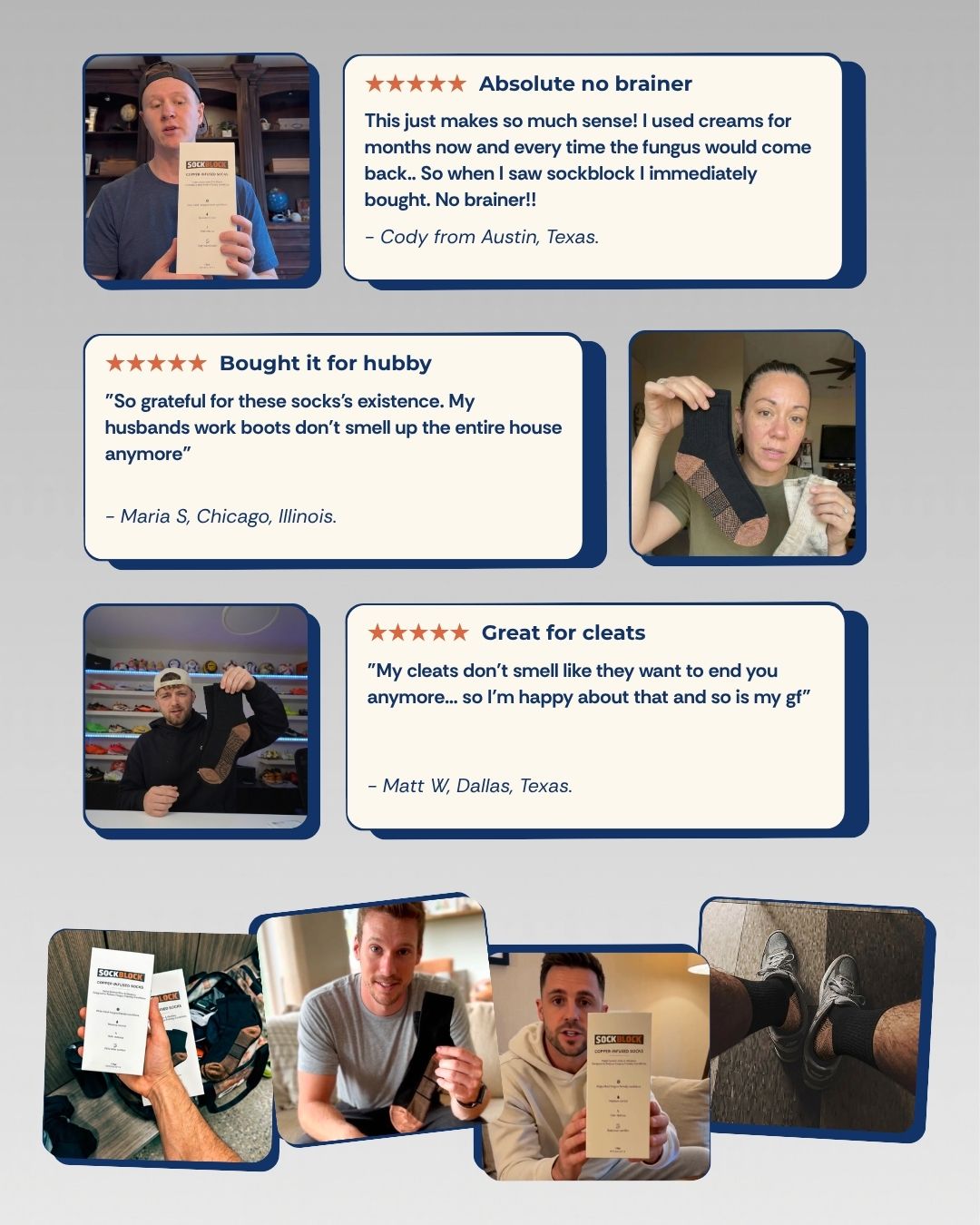 A collage of customer reviews and photos for a brand of socks called Sockblock.