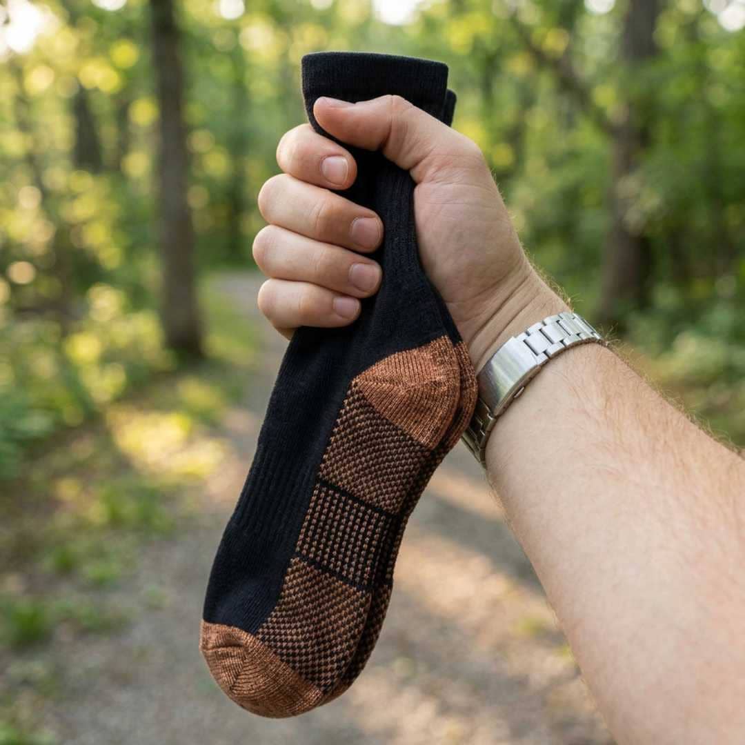 A hand holding a pair of black and copper-colored socks outdoors on a wooded path.