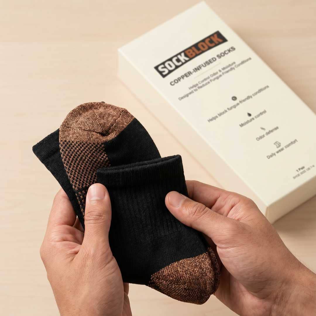 A person's hands holding a pair of black and brown socks with the packaging box in the background.