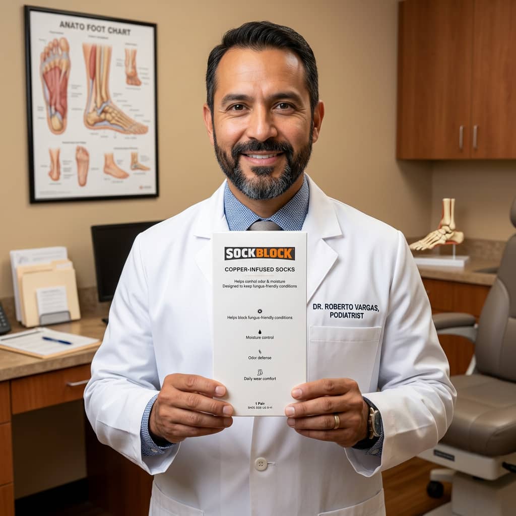 A smiling podiatrist in a white lab coat holds up a box of Sock Block copper-infused socks.
