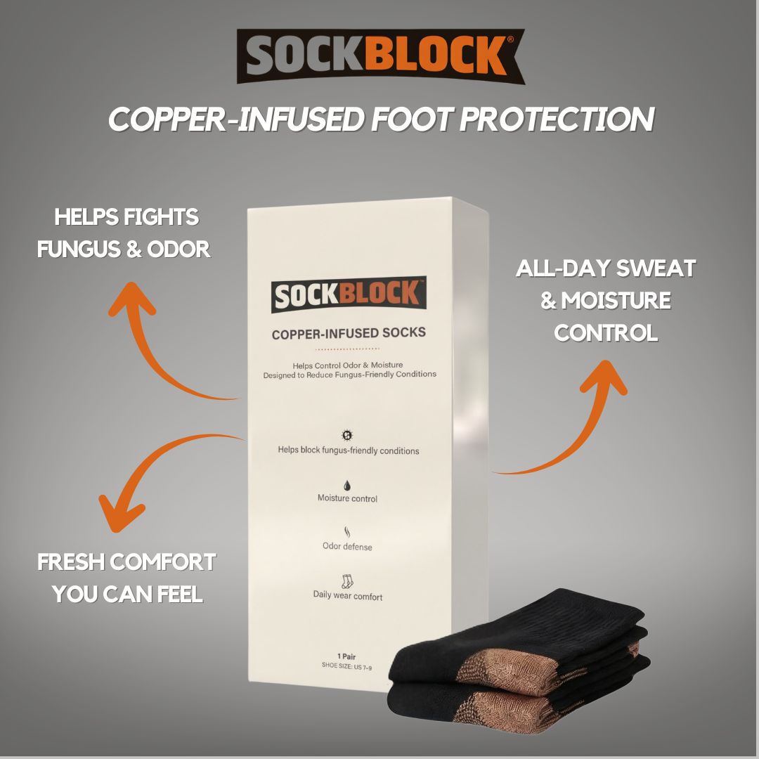 An advertisement for SockBlock Copper-Infused Socks, showing the product box, a pair of socks, and listing their benefits.