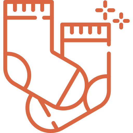 An orange line-art icon of two sparkling clean socks on a green background.