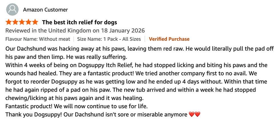 A 5-star Amazon customer review for a dog itch relief product, titled 'The best itch relief for dogs'.
