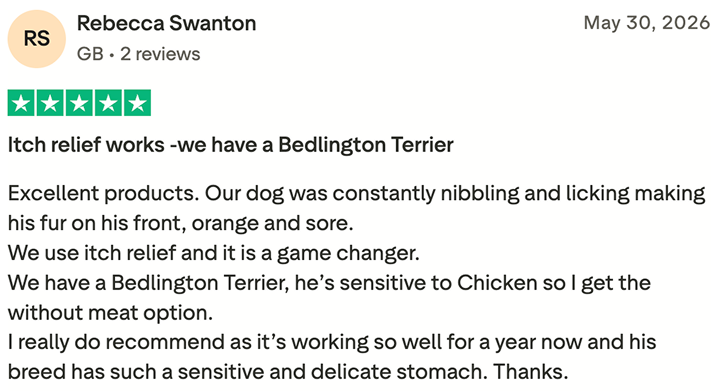 A five-star review from Rebecca Swanton titled 'Itch relief works -we have a Bedlington Terrier'.