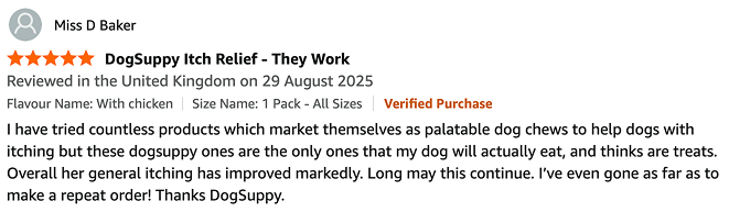 A 5-star customer review for DogSuppy Itch Relief, with the headline 'They Work'.