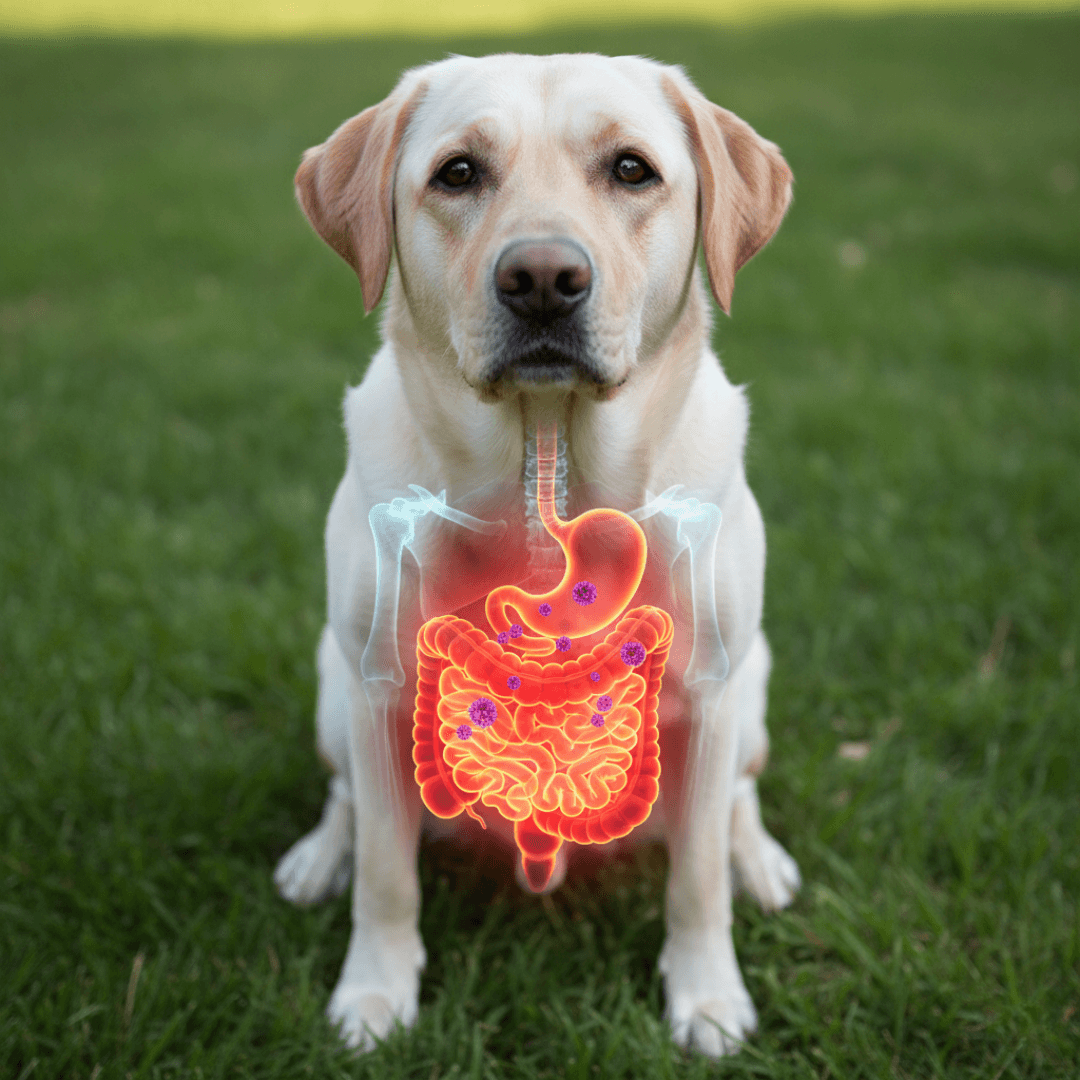 Dog with a glowing anatomical overlay of its digestive system.