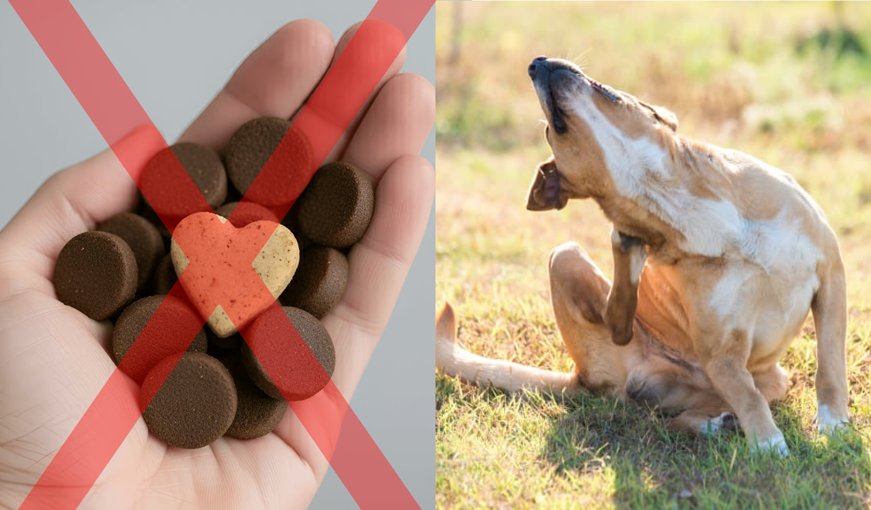 A split image shows crossed-out dog treats on the left and a dog scratching itself on the right.