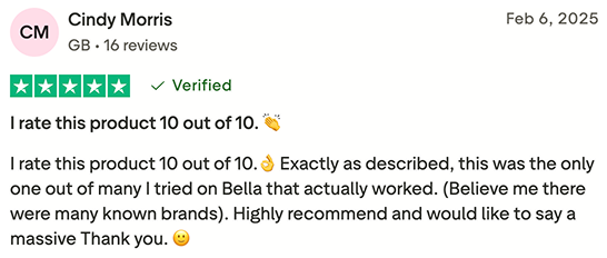 A 5-star customer review from Cindy Morris rating a product 10 out of 10 and highly recommending it.