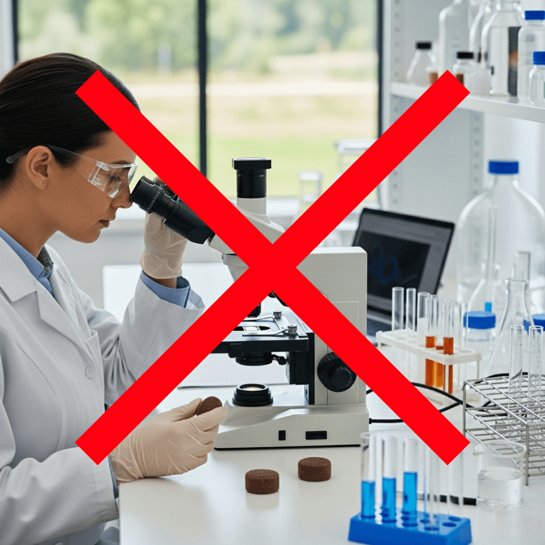 Laboratory scene with a scientist using a microscope, crossed out with a red X.