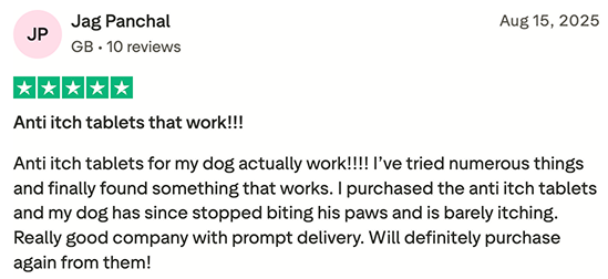 A five-star customer review from Jag Panchal for anti-itch tablets for dogs.