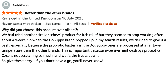 A 5-star customer review for a pet product from a user named Goldilocks, titled 'Better than the other brands'.