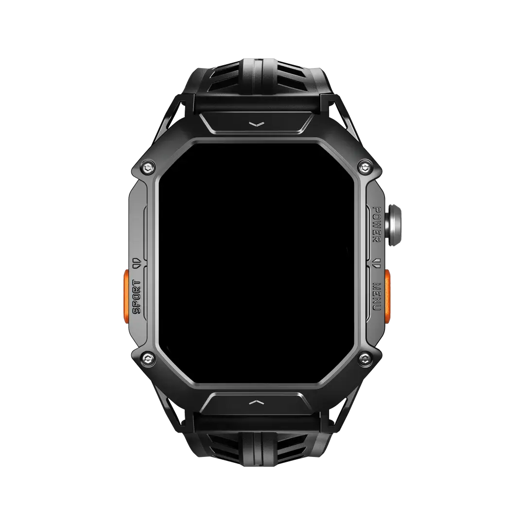 Black rugged smartwatch with orange buttons and a blank screen.