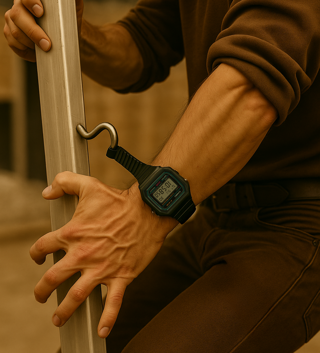 Person wearing a digital watch, holding a metal pole with a hook.