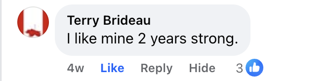 Facebook comment saying 'I like mine 2 years strong.' with 3 likes.
