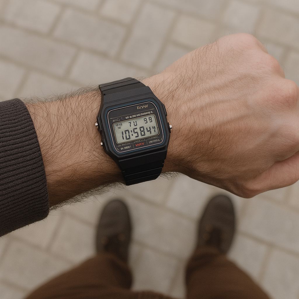Person wearing a digital wristwatch showing time and date, standing on a tiled surface.