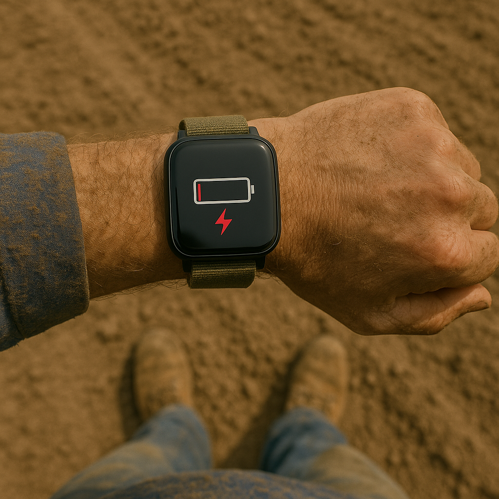 A smartwatch on a wrist showing a low battery icon.