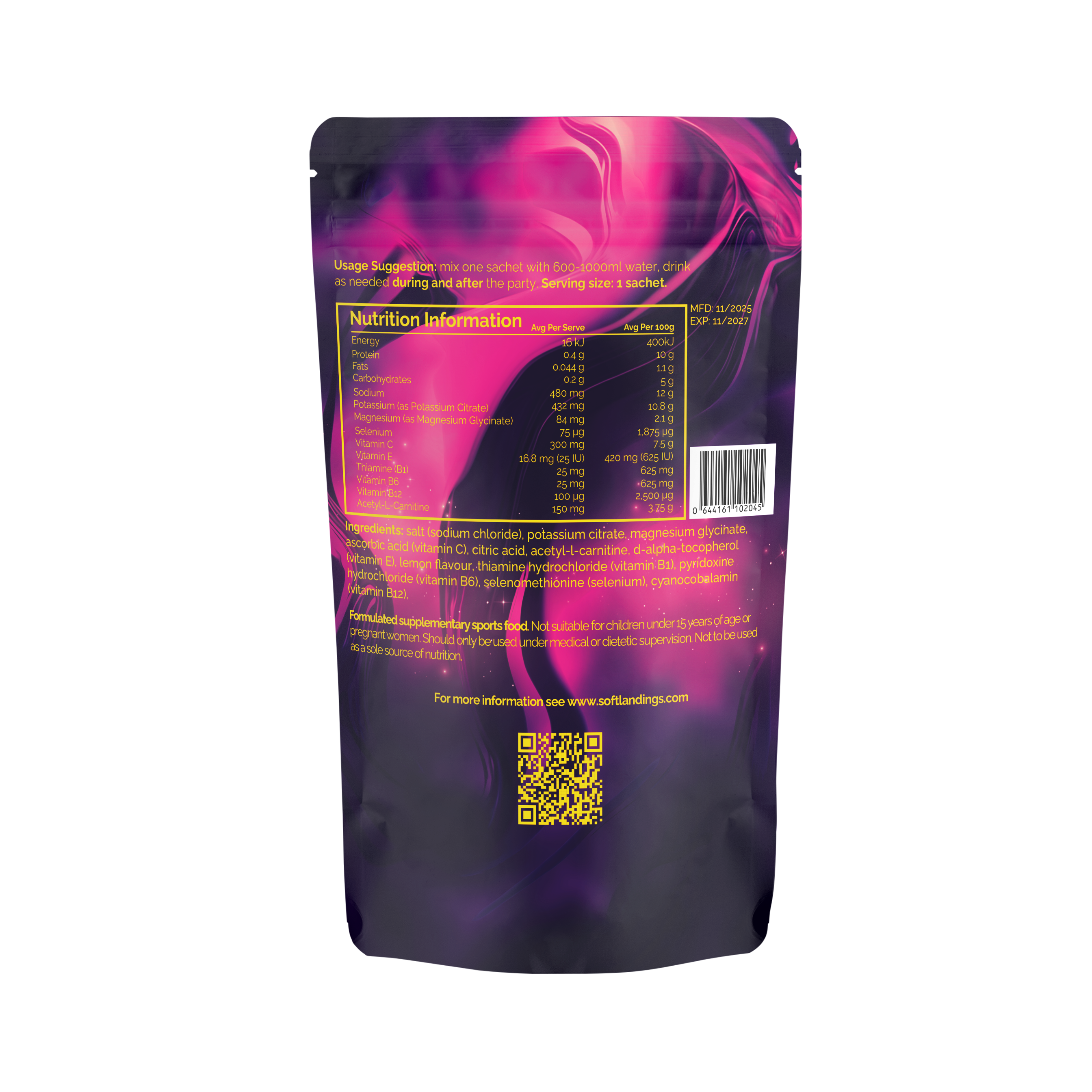 The back of a purple and pink pouch showing nutrition information, ingredients, and a QR code.