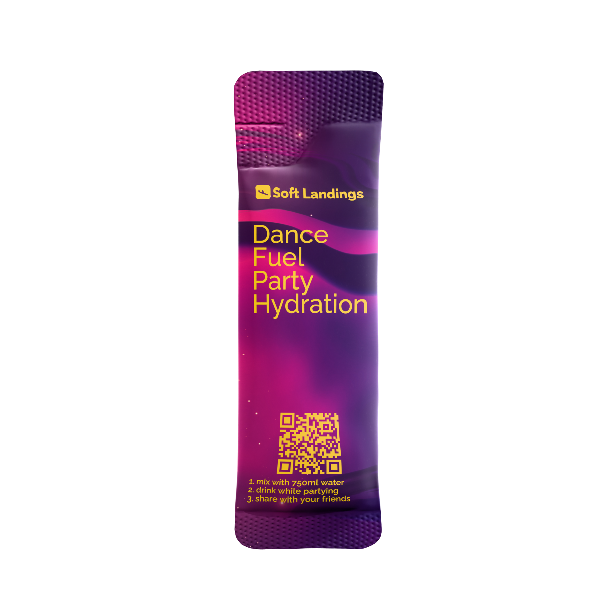 A purple and pink single-serving packet of Soft Landings Dance Fuel Party Hydration drink mix.