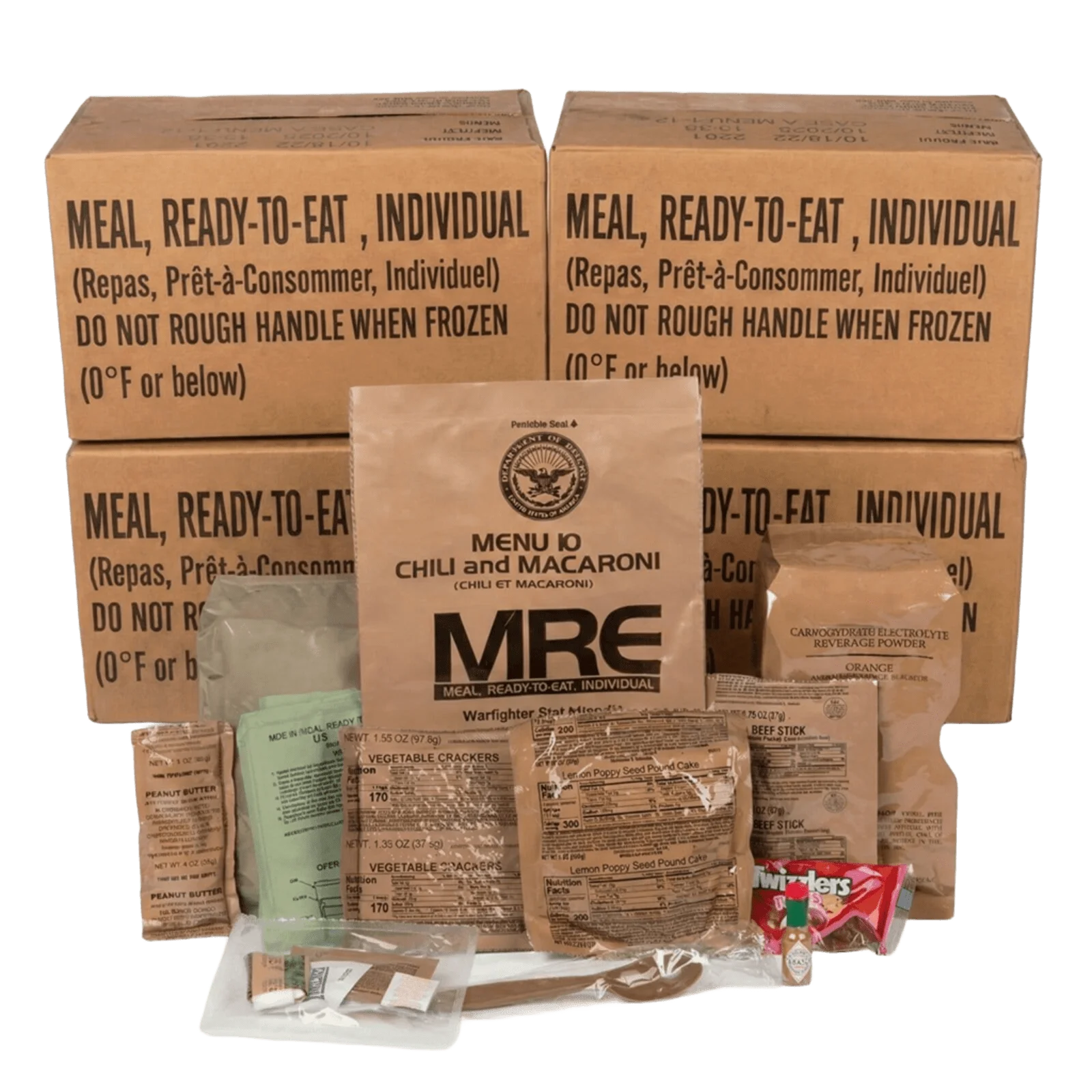 An MRE (Meal, Ready-to-Eat) kit with contents displayed in front of several cardboard cases.