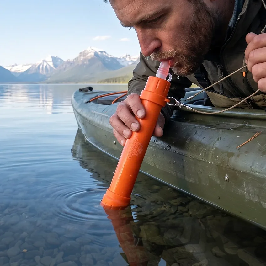 A man in a kayak uses an orange water filter to drink directly from a mountain lake.