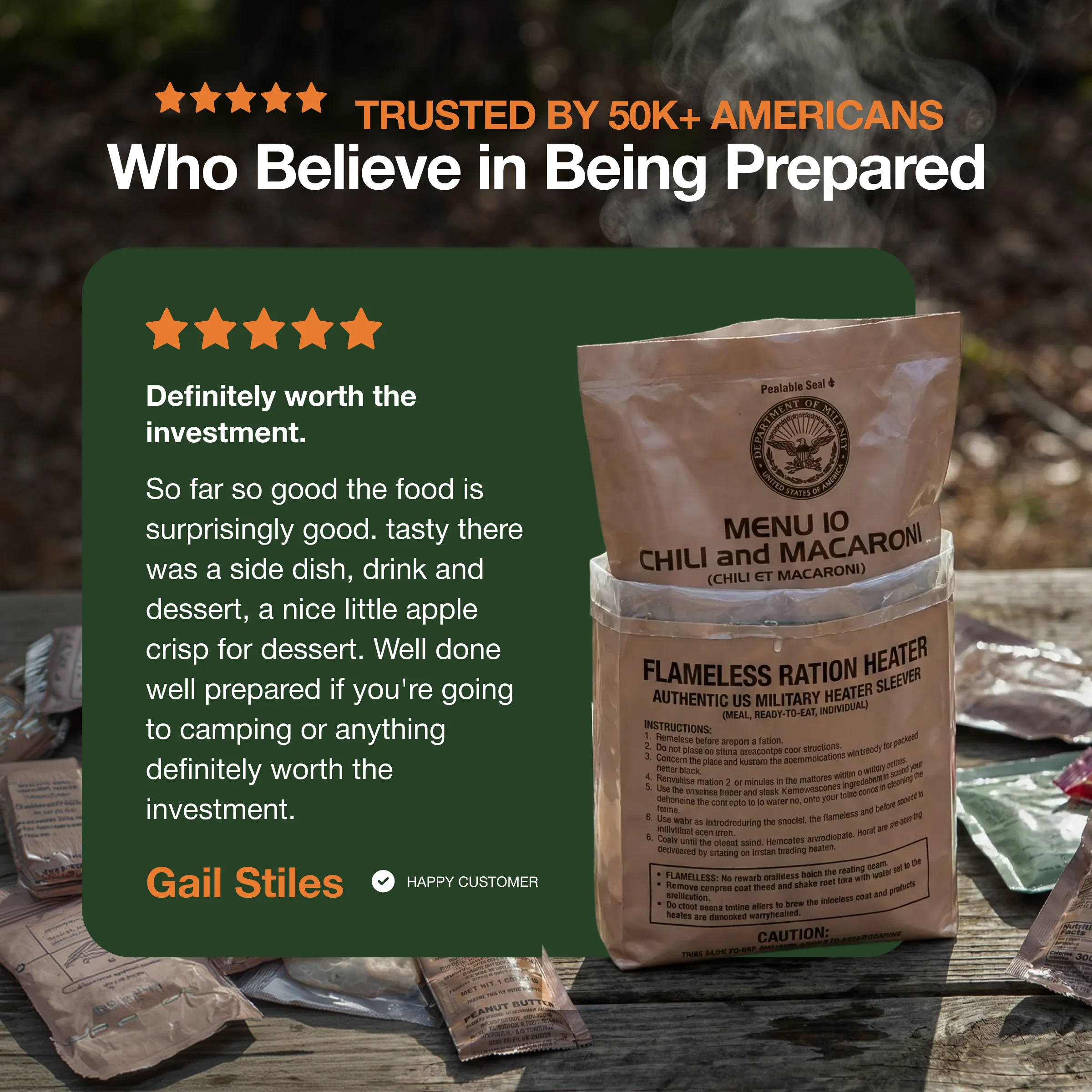 An advertisement showing a military-style MRE meal for Chili and Macaroni being heated, with a customer review.