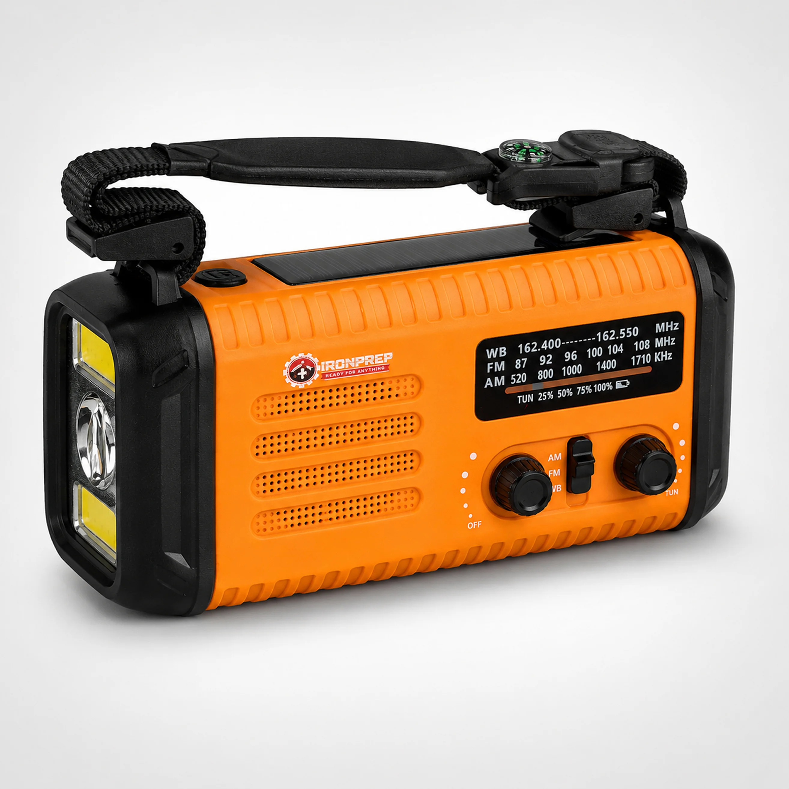 An orange and black emergency radio with a flashlight, solar panel, and compass on a white background.