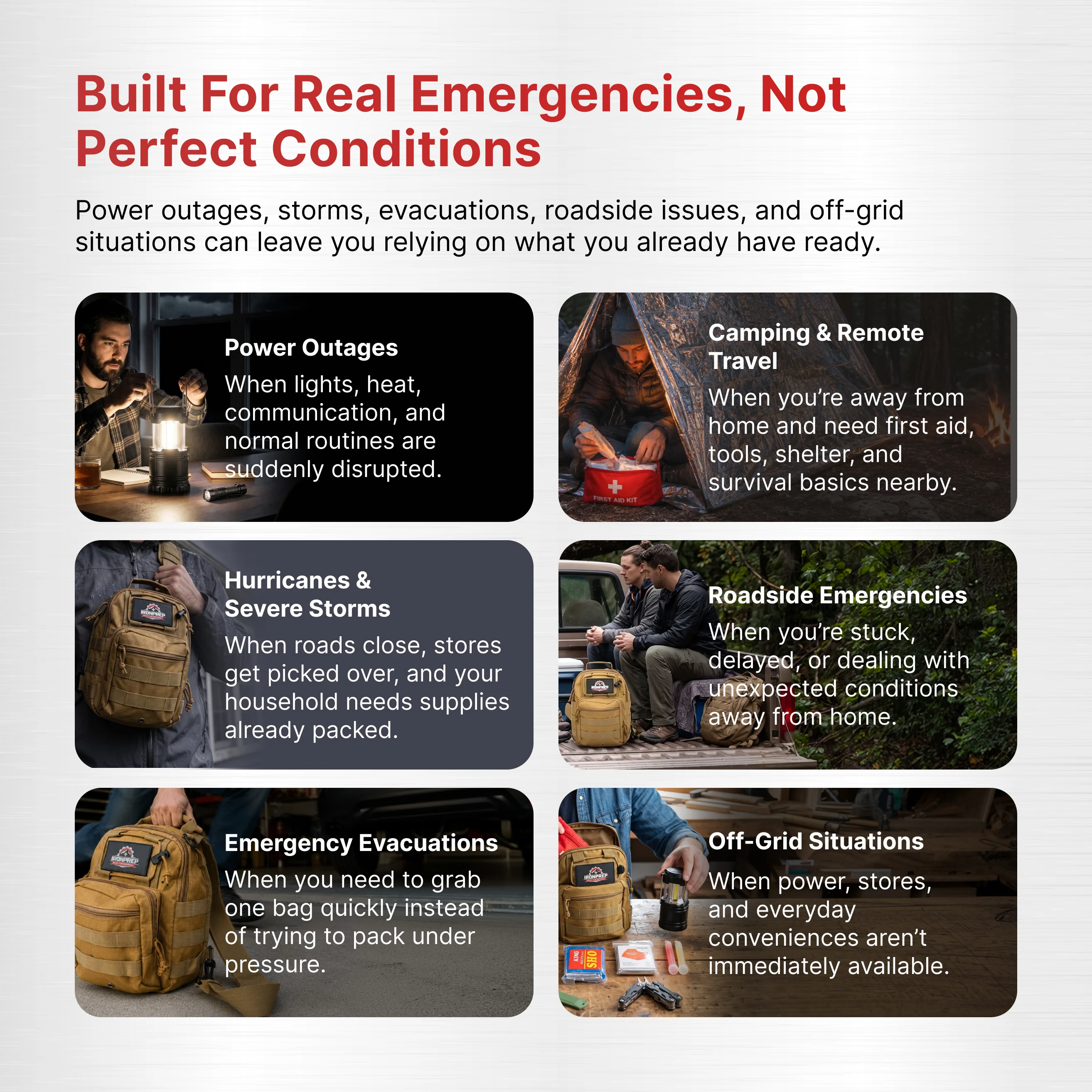 An infographic with six images and descriptions of different emergency situations like power outages, storms, and evacuations.