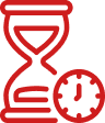 A red line icon of an hourglass with a small clock in the lower right.