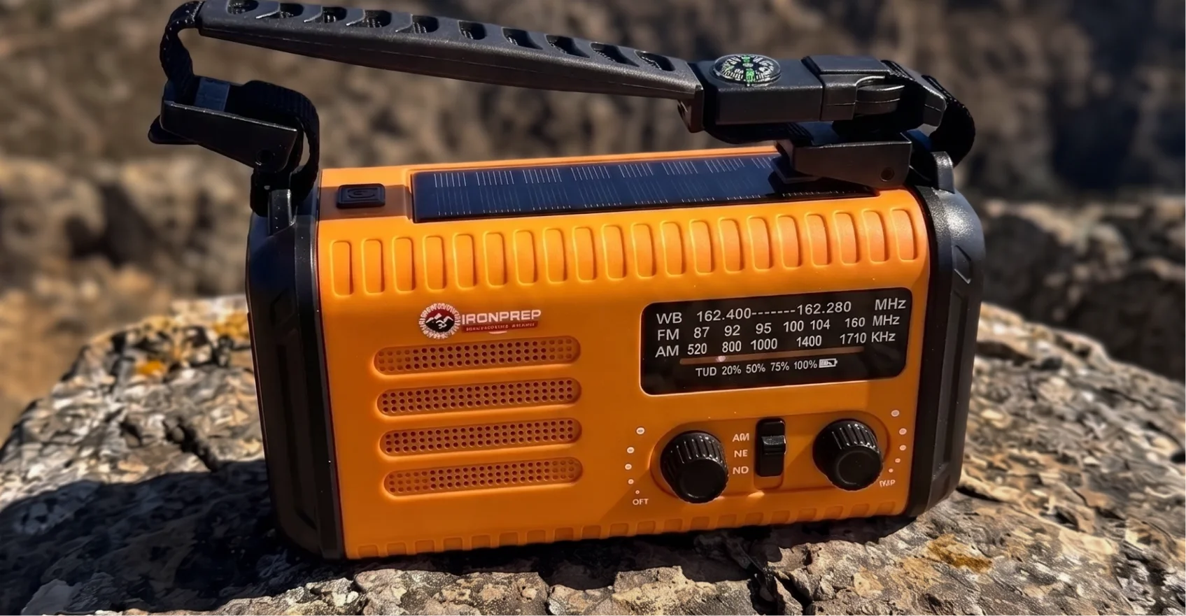 An orange and black solar-powered emergency radio with a compass, sitting on a rock outdoors.