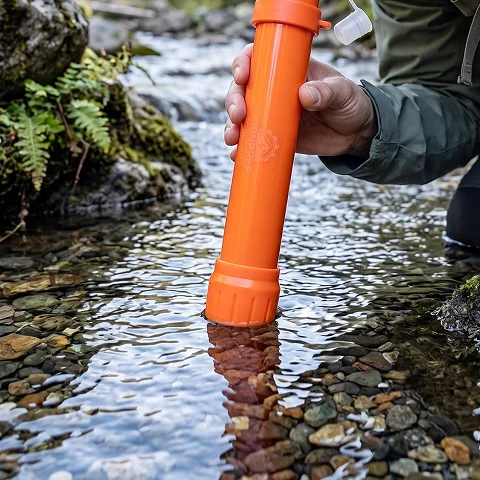 A person holds an orange portable water filter, dipping it into a clear, shallow stream.
