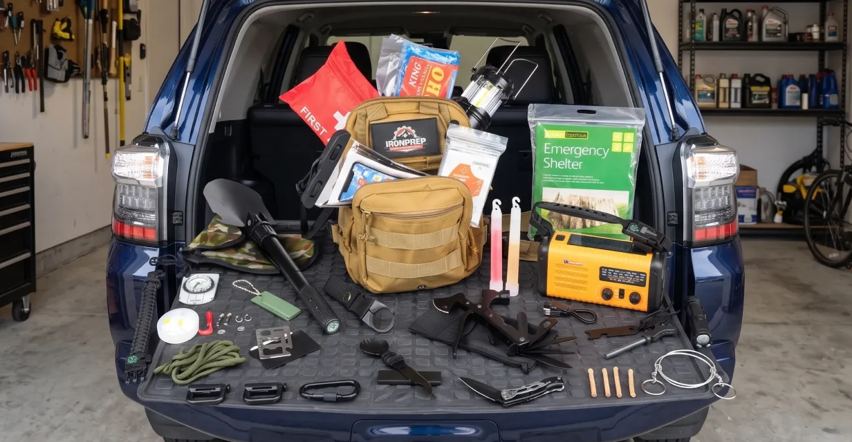 Emergency survival gear and supplies laid out in the open trunk of a blue SUV.