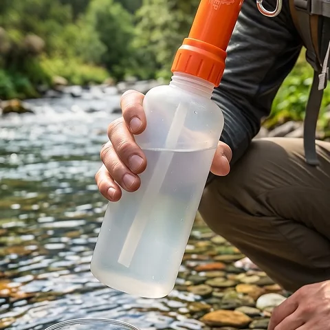 A person holding a water bottle with a filter system by a stream.