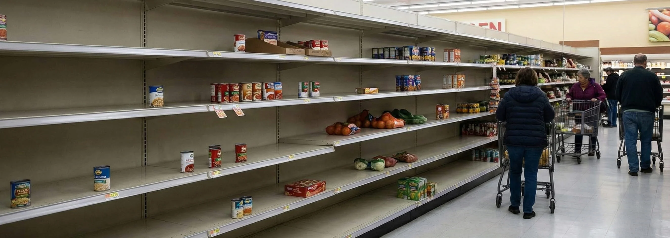 Shoppers in a grocery store aisle with long, nearly empty shelves.