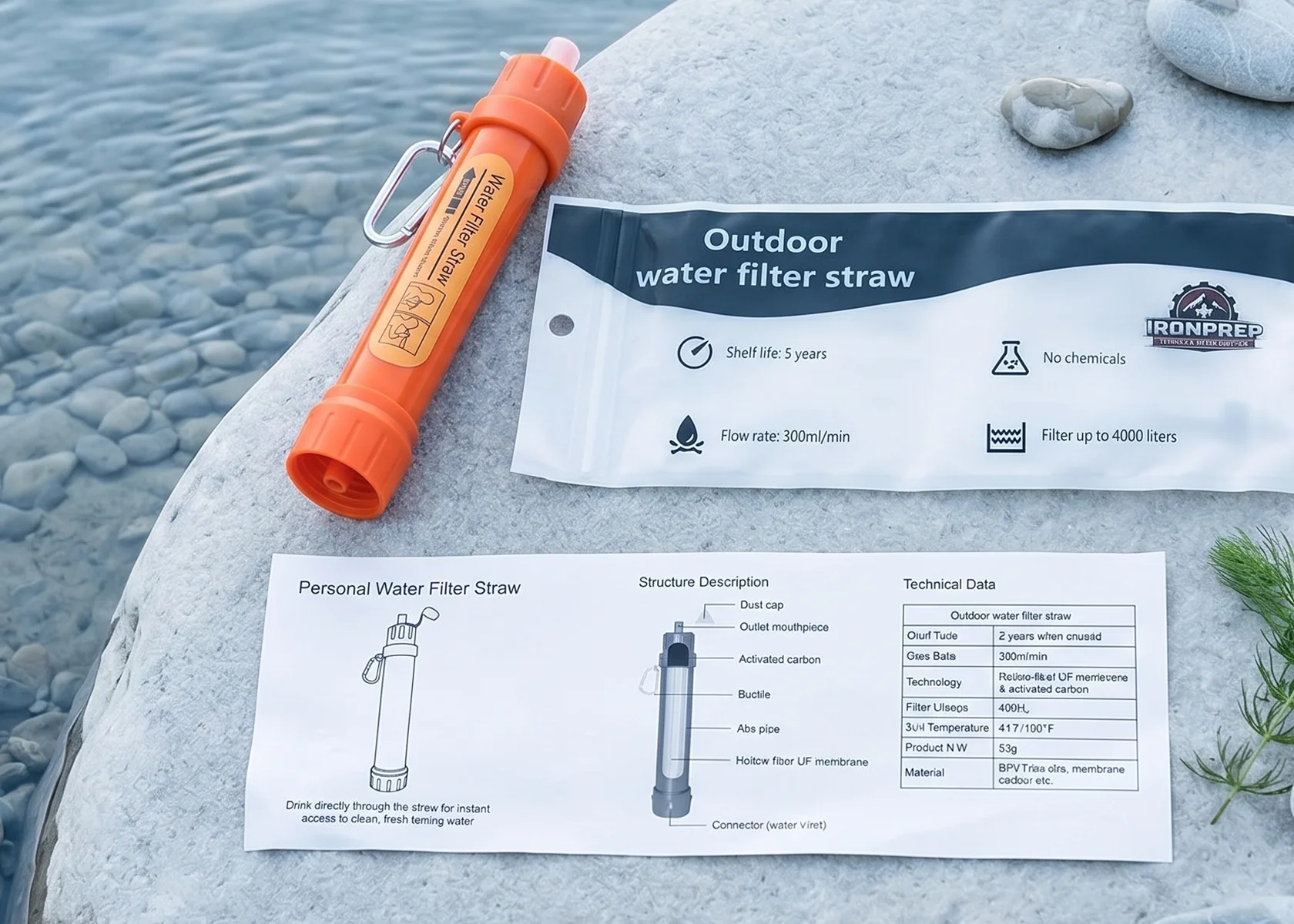 An orange water filter straw, its packaging, and instructions laid out on a rock next to water.