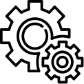 A black line icon of two interlocking gears, one large and one small.