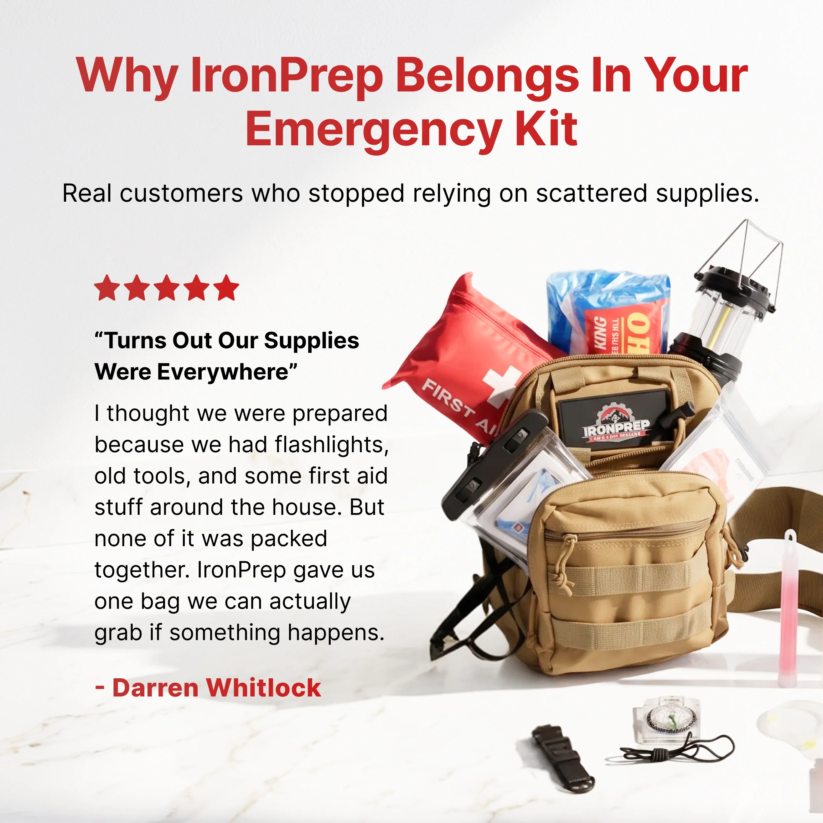 An ad for an IronPrep emergency kit featuring a customer review next to a bag of supplies.