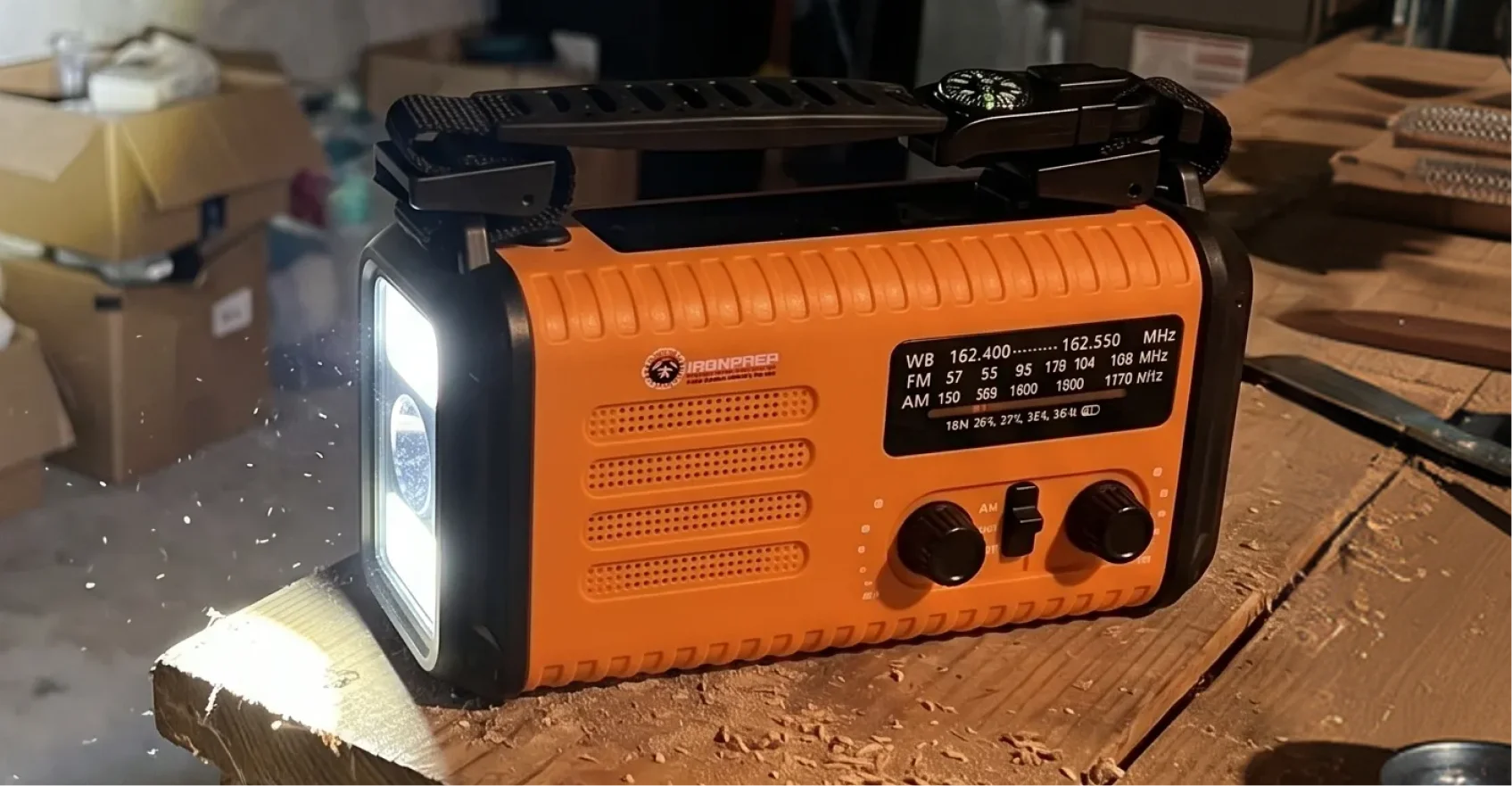 An orange and black emergency radio with its flashlight turned on, sitting on a wooden surface.