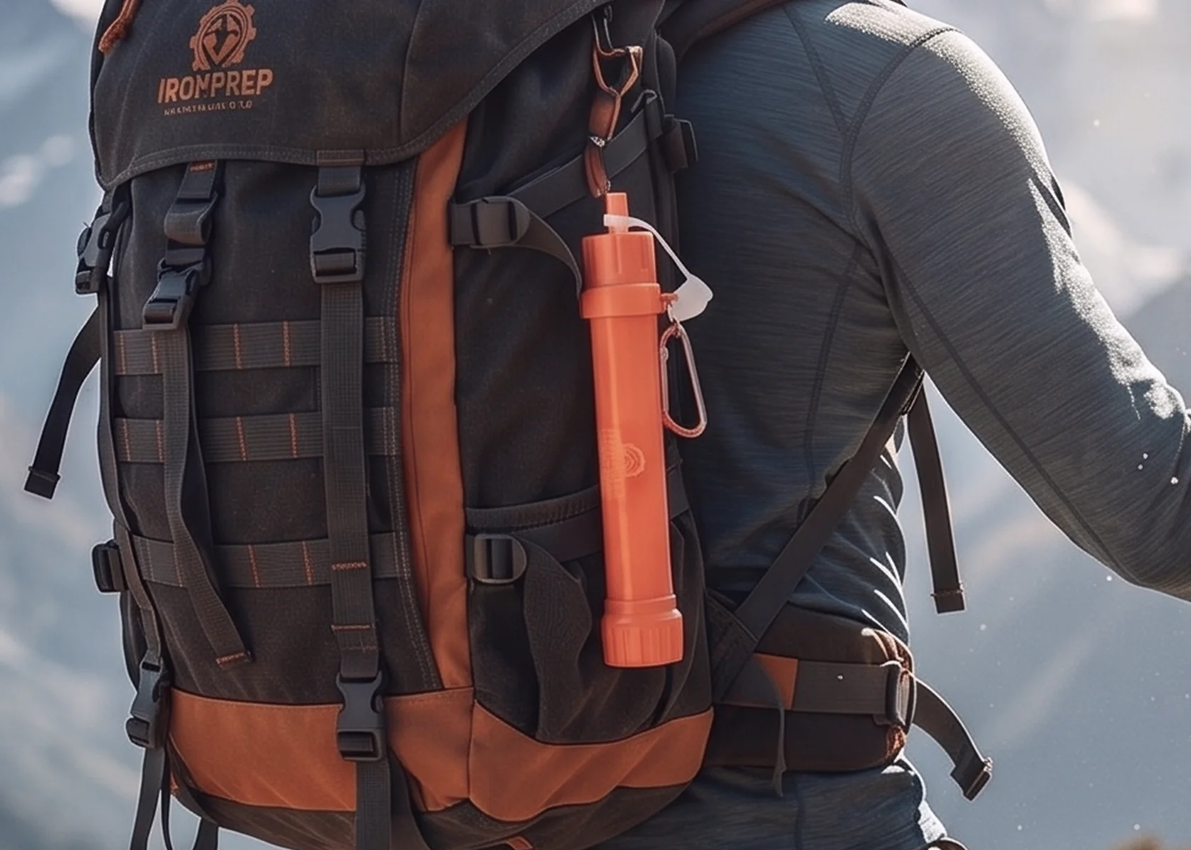 A person wears a large hiking backpack with an orange portable water filter attached to the side.