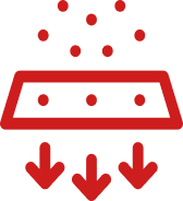 A red icon of particles passing through a filter, with arrows pointing down.