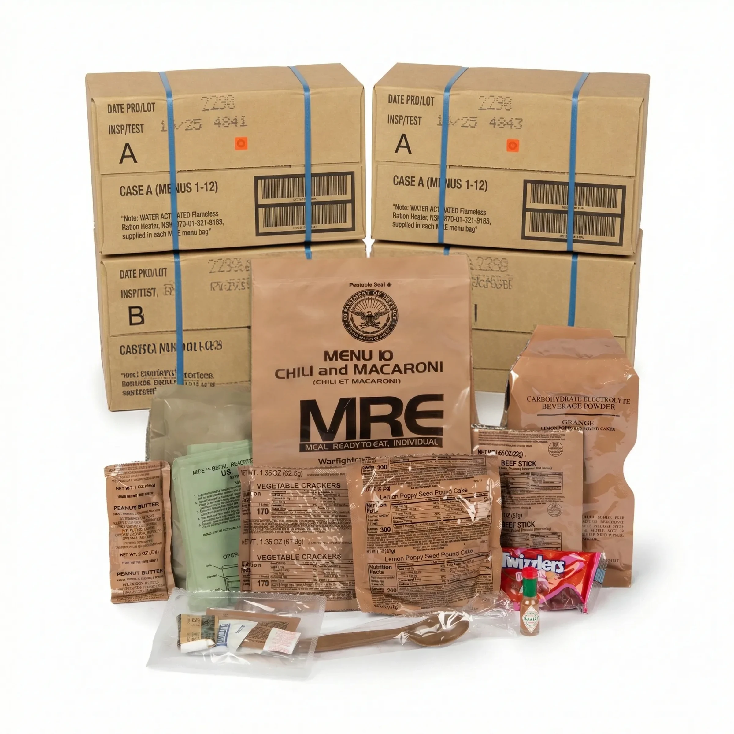 A military MRE (Meal, Ready to Eat), Chili and Macaroni, with its contents displayed before shipping cases.
