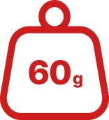 A red icon of a weight with the text '60g' inside.