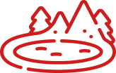 A red line icon of a lake with mountains and trees in the background.