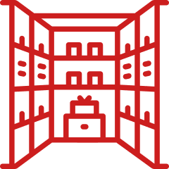 A red line icon of a pantry or closet with shelves holding various items, including a gift box.