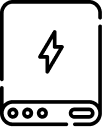 A black and white line icon of a portable power bank with a lightning bolt symbol.